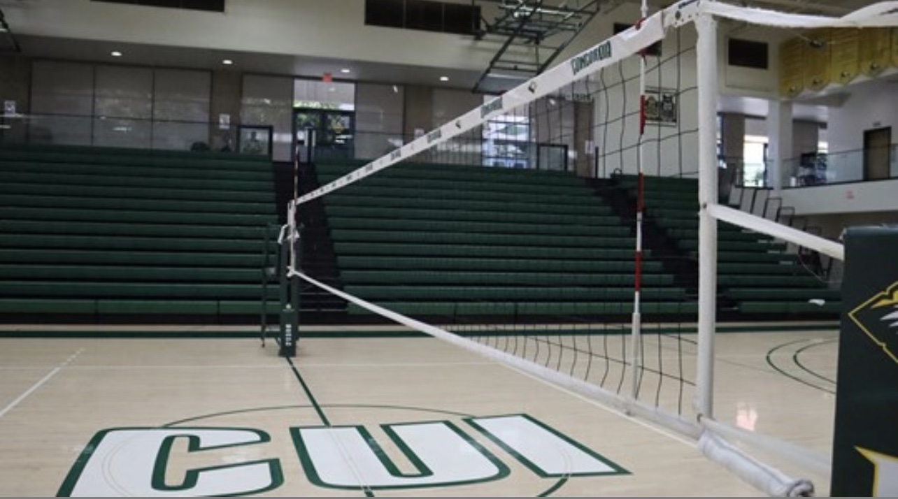 Empty volleyball courts as spectators are currently suspended from games.